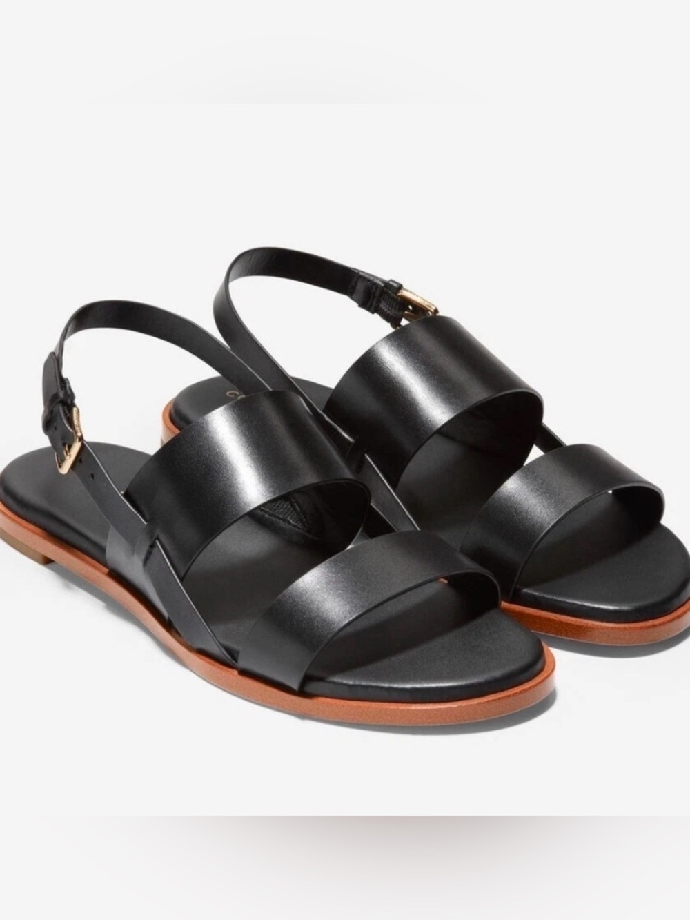 Cole Haan Black Wide-Strap Slingback Sandals with Tan Trim